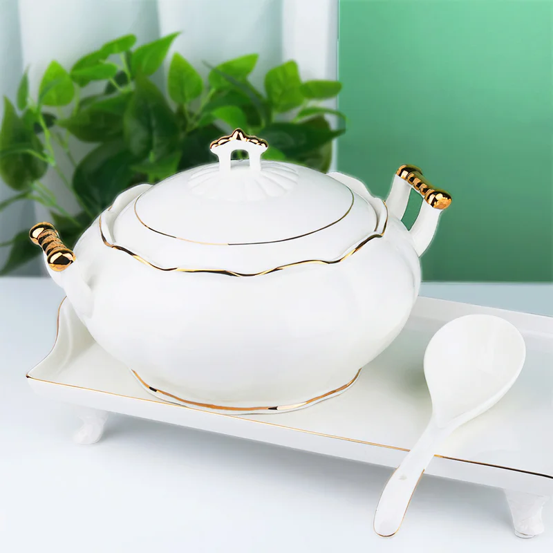 15pcs Ceramic Tableware Set Soup Pot Rice Bowl Small Spoon Tray Set Bone China Dinnerware Sets Home Restaurant Kitchen Supplies