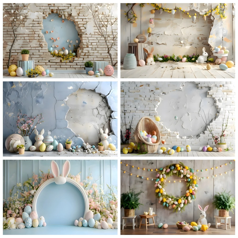 

Happy Easter Backdrop for Photography 2025 Spring Rabbit Egg Bunny Brick Wall Baby Shower Birthday Easter Photo Background Decor