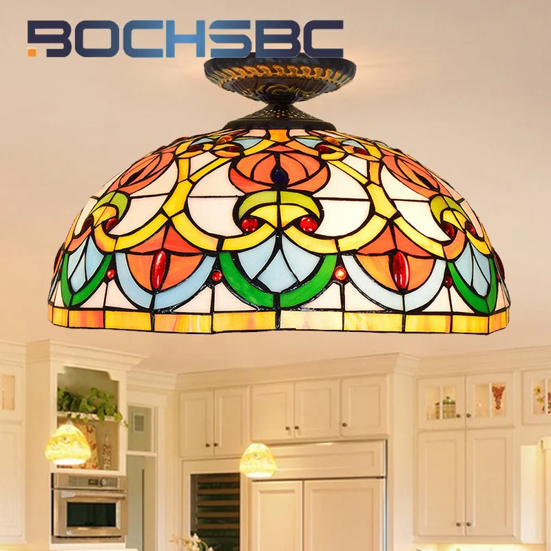 BOCHSBC Tiffany style stained glass 16 inch peach heart bead chandelier ceiling light for dining room bedroom hallway LED decor