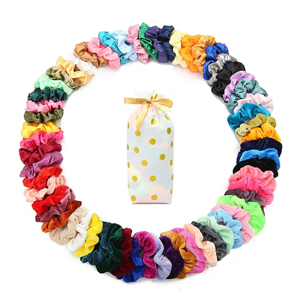 

60 Velvet & Satin Scrunchies - Silk Hair Ties for Women with Gift Bag