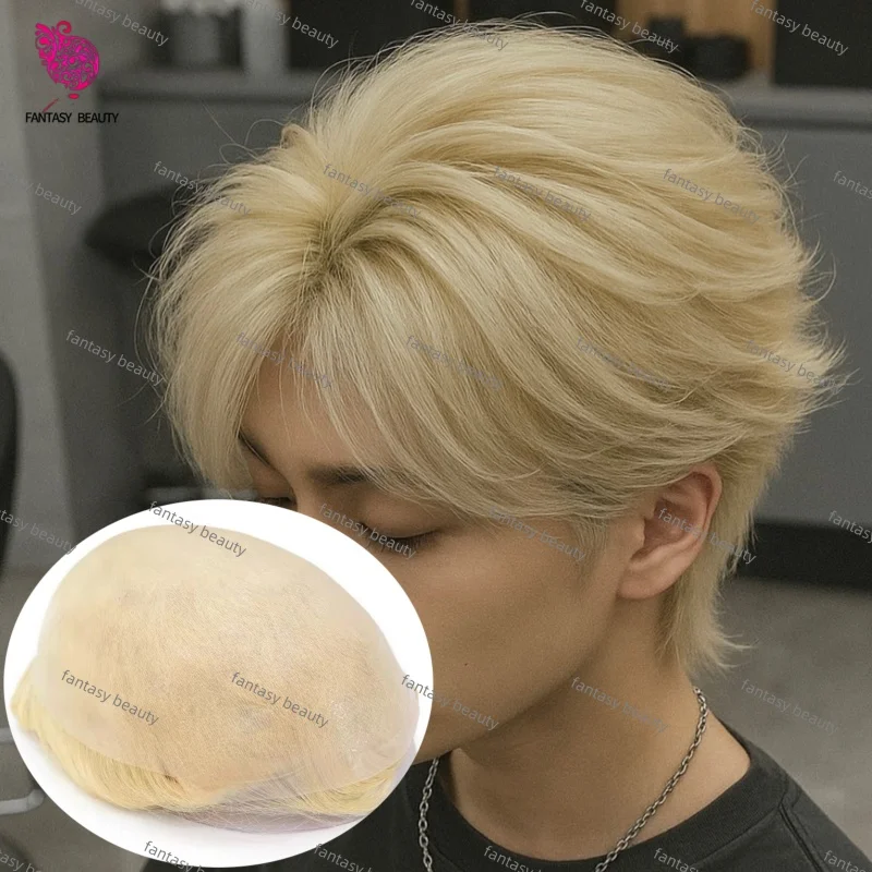 شعري طبيعي غير مرئي # 613 أشقر فاتح متين 0.02 مللي متر جلد رقيق PU للرجال شعر مستعار 90%-100% كثافة شعر بشري أوروبي حقيقي