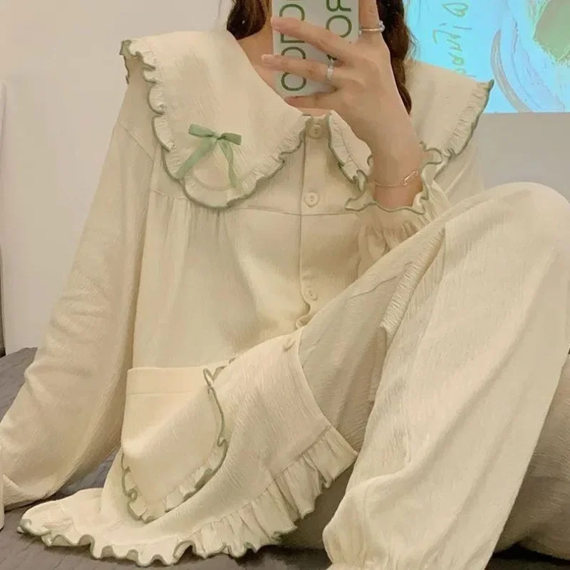 

Комплект из 2 предметов: женская пижама в корейском стиле с рюшами на брюках, однобортная, с отложным воротником, для сна