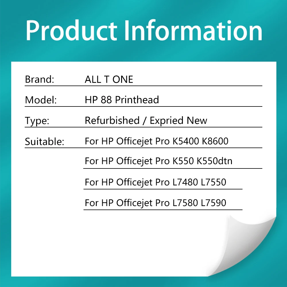 Tête d'impression pour HP Offstrjet Pro K5400, K550, K8 femelle, L7480, L7550, L7580, L7590, L7650, L7580, C938l'autorisation, C938 Pipeline, user ins 88