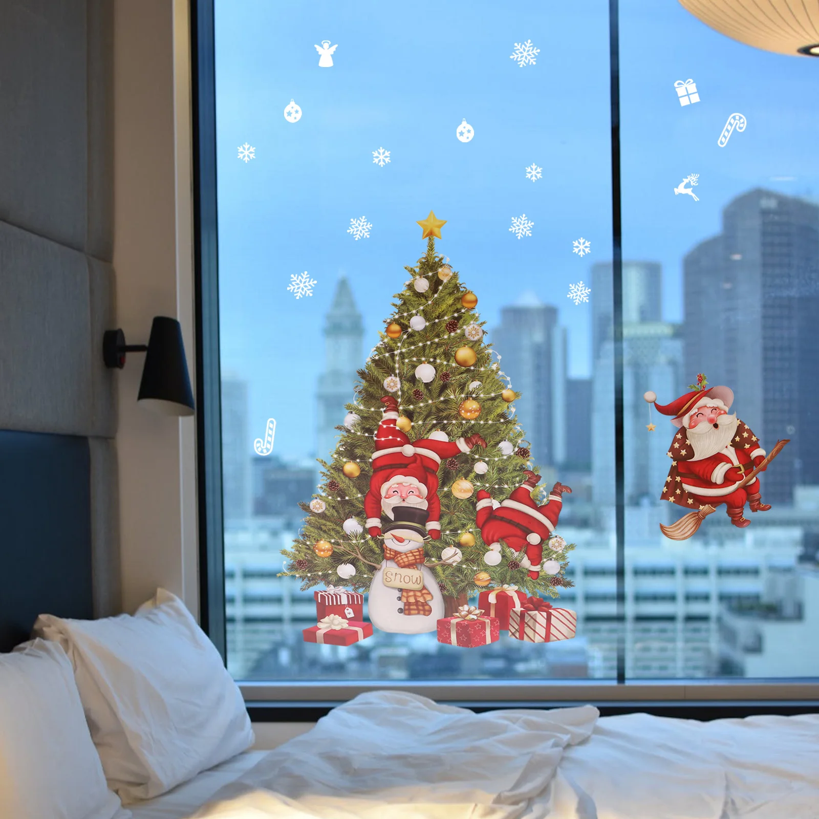 

Christmas Window Cling Set with Xmas Tree Snowflake Santa Pattern PVC Static Clings for Home Hotel Restaurant Decor Christmas