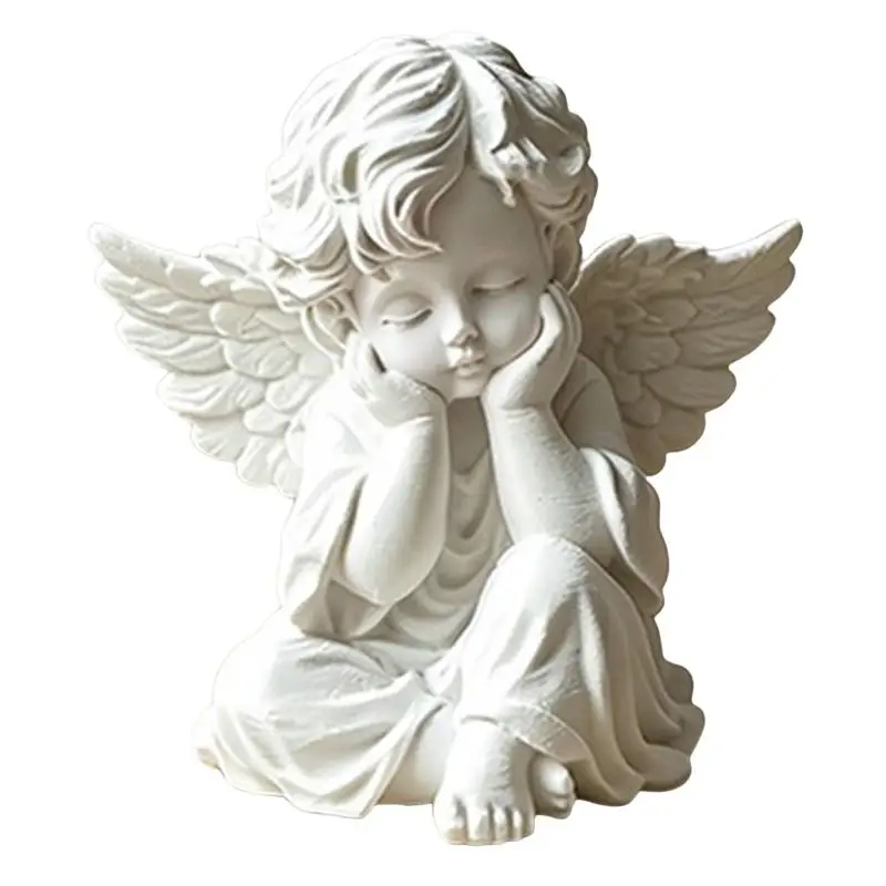 [J] 3D Printing White Cherub Angel Statue With Exquisite Carved Wings And Matte Finish For Home Desk Shelf Bedroom Decor Gift