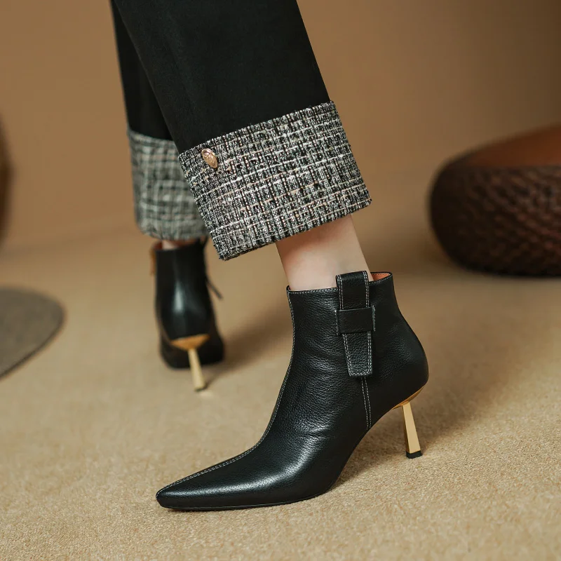 2024 Ankle Boots High Heels Women Boots Thin Heel Short Boots Genuine Leather Winter Modern Leather Shoes Ladies Ankle Boots