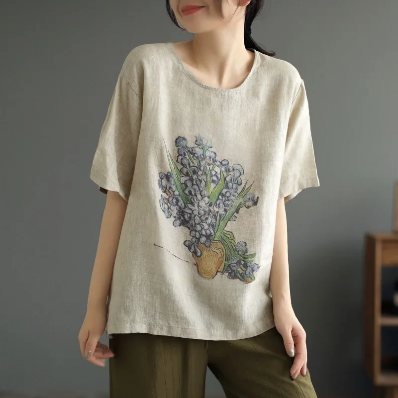 

Short-sleeved Summer New Women's Tops Loose Retro Print Plus Size