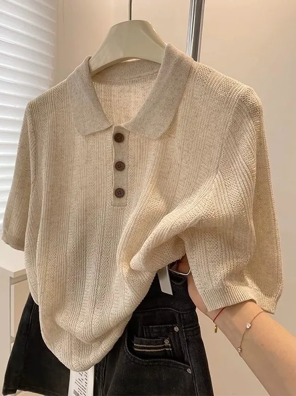 

Retro Japanese Style Neck Short Sleeve Knitted T-Shirt Women's Summer Fashion Casual Versatile Turn-down Collar Top