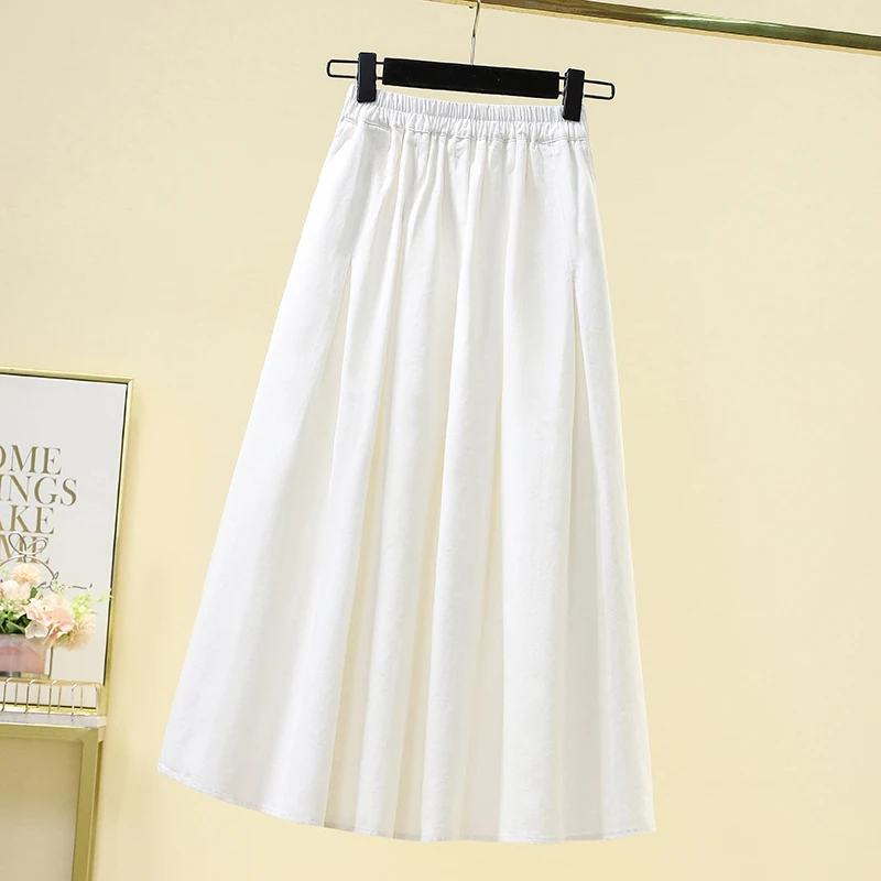 تنورة نسائية من القطن والكتان بخصر عالٍ على شكل حرف a طويلة Dr بسيطة اللون مطوي بقصة ضيقة تنورة مظلة للتنقل Sle Summer Col... #3