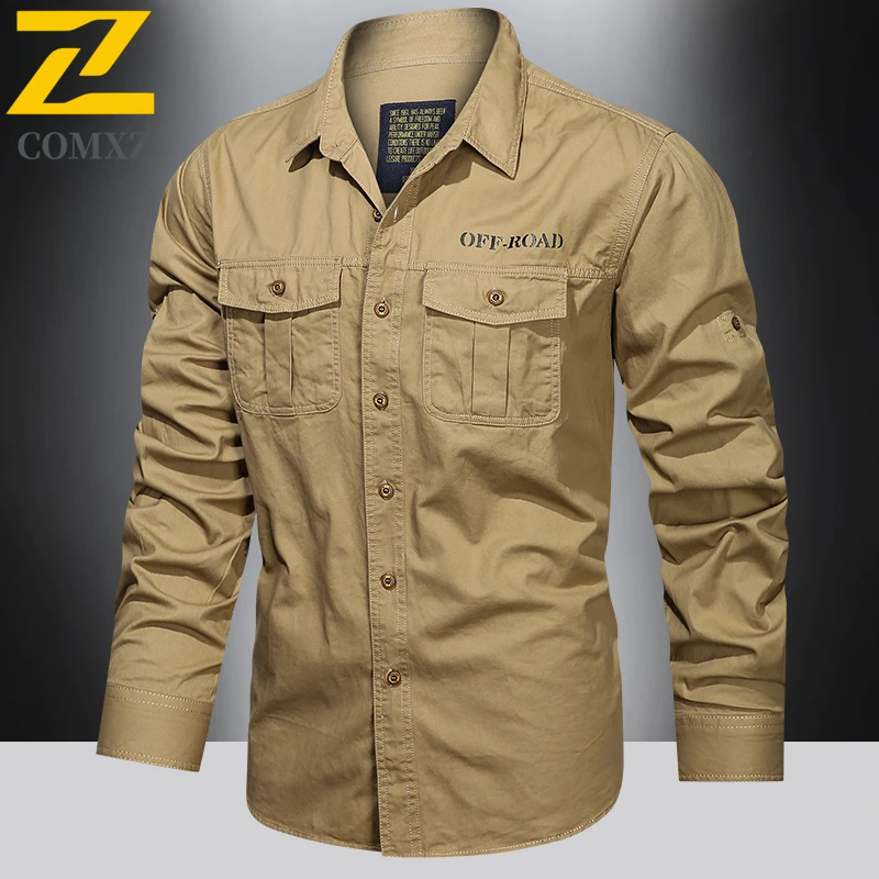 New Autumn Shirt Men's High-end Pure Cotton Multi-pocket Cargo Shirts Sports Outdoor Camping Comfortable Long-sleeved T-shirt