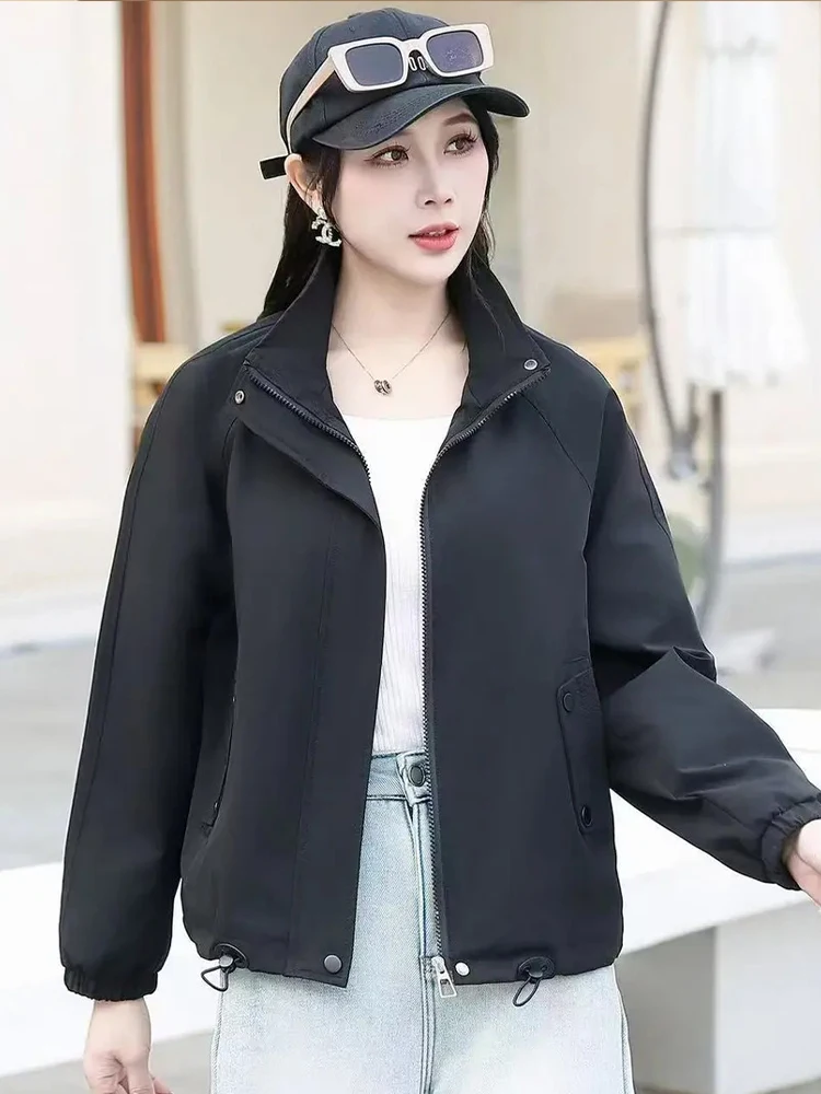 

Модная женская весенняя куртка-жакет с длинными рукавами на молнии, дышащая, с отложным воротником, без капюшона, универсальная, повседневная.