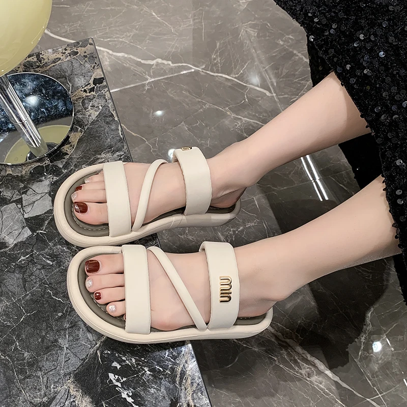 Women\'s Slippers Summer New Platform Toe Pullover Rhinestone Sandals Casual Fashion Flat Slippers