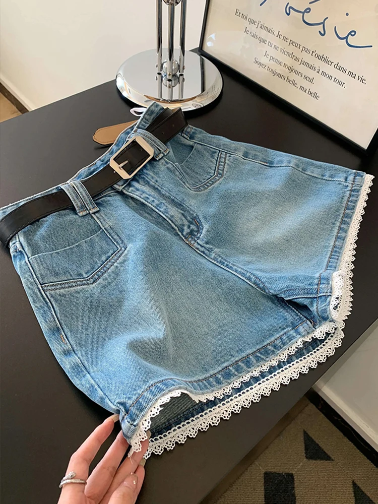 

Синие джинсы с кружевной отделкой, высокой талией, широкими штанинами, женские, летние, новые, больших размеров, винтажные, свободные, стройнящие, А-силуэт