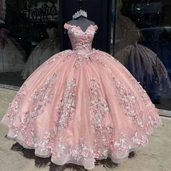 2022 Mexican Pink Quinceanera Dresses with 3D Floral Applique Vestidos XV Años Sweet 16 Bow robe de soirée