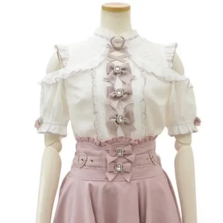 

Blusas De Mujer Japanese Kawaii Blouse Hollow Out Off Shoulder Lace Patchwork Shirts Y2k Aesthetic Bow Women JK