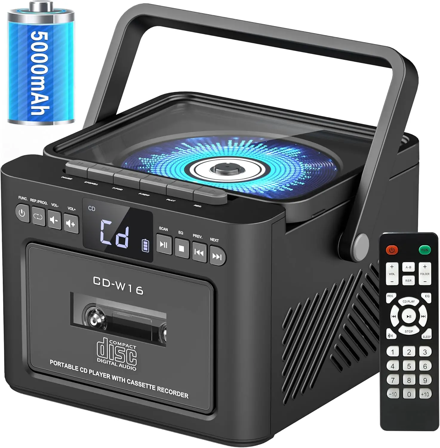 

Портативная Bluetooth-колонка с CD-плеером, кассетным проигрывателем, FM-радио, аккумулятором 5000 мАч и пультом дистанционного управления