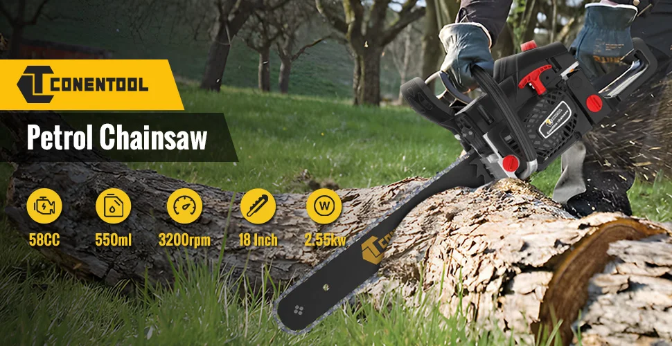 CONENTOOL 58CC Oil Chainsaw 18 Inch Woods Cutting Machine Power Tools Cordless 2-Stroke Petrol Engine 550ml Garden Logging Tools
