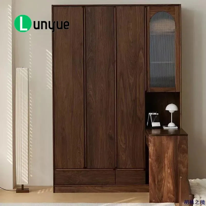 North American Black Walnut and Cherry Wood Solid Wood Wardrobe with Integrated Corner Desk Bedroom Storage Opposite Door