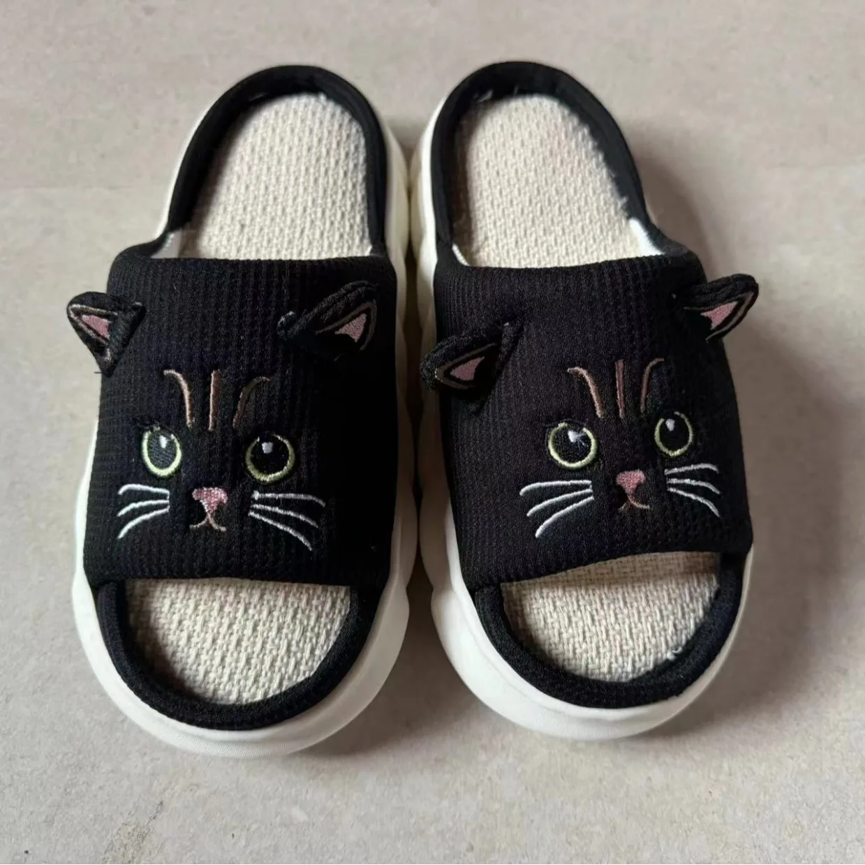 Kidmi Cute kitty Women Slippers Fashion Breathable Indoor House Slippers Sweat-absorbing Linen Antiskid Slippers Casual Slippers