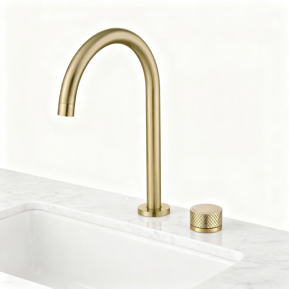 Deck Mounted Widespread Bathroom Faucet with Single Knob and 360 Degree Twist Spout Brushed Rose Gold, Black, Grey