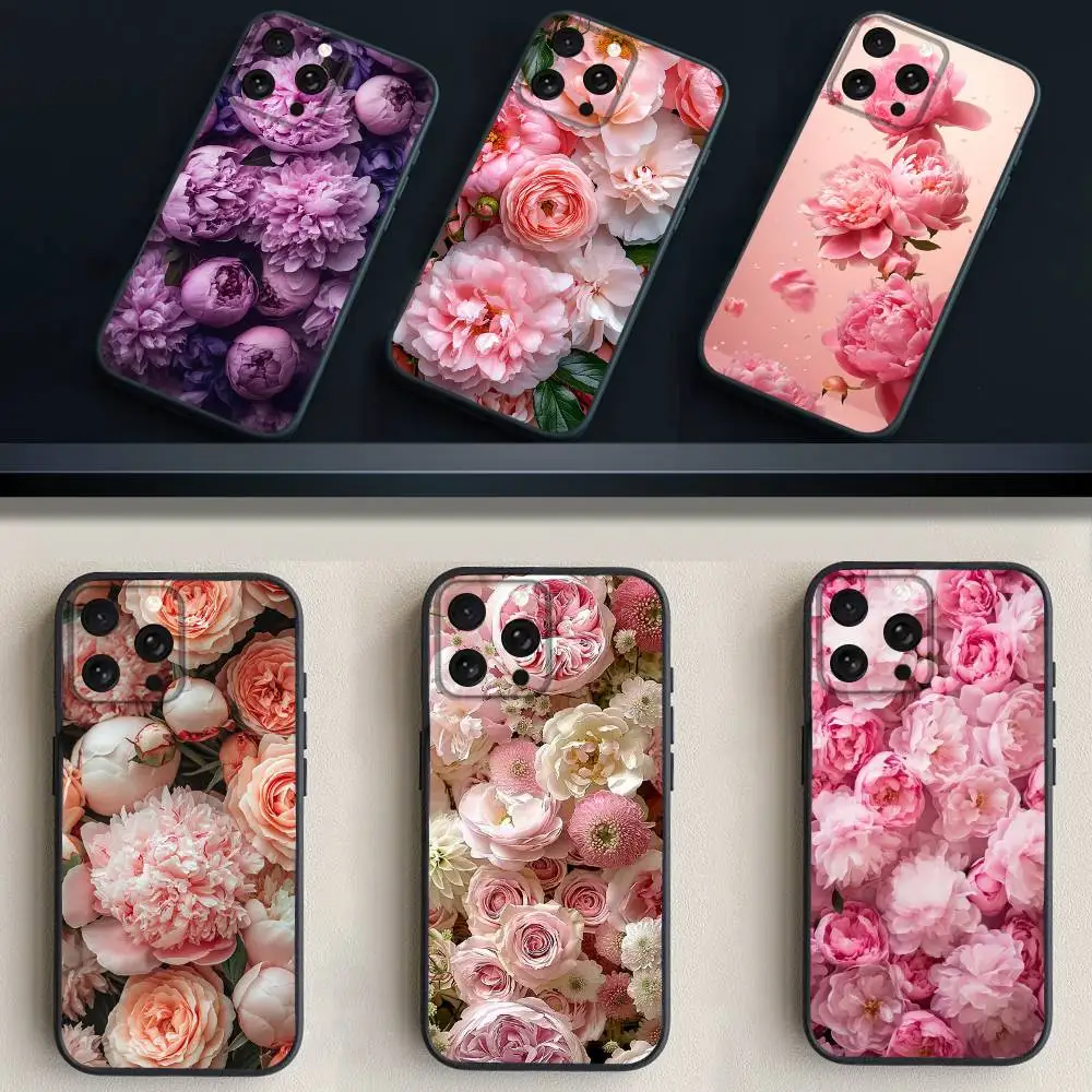 

p-pink p-peonies-es Phone Case For iPhone 16,15,14,13,12,11 Plus,Pro Max,XS,X,XR,SE,Mini,8,7,Soft Silicone Black Cover
