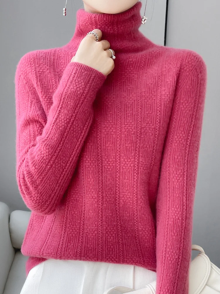 Autumn Winter Women Turtleneck Sweater 100% Merino Wool Hollow Long Sleeve Cashmere Knitwear Female Basic Jumper Korean Fashion