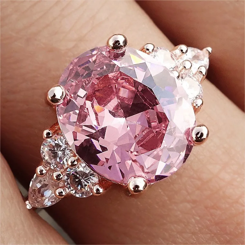 Big Oval Stone Pink Zircon Ring Female Luxury Crystal Engagement Rings for Women Vintage Rose Gold Silver Color Wedding Jewelry