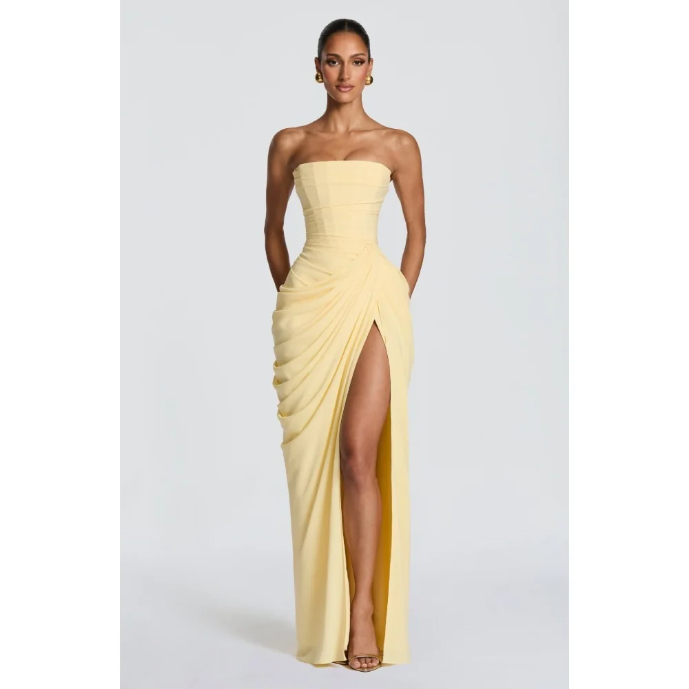 2026 new strapless evening dress women's long pleated slit sexy party dress European and American style view 4