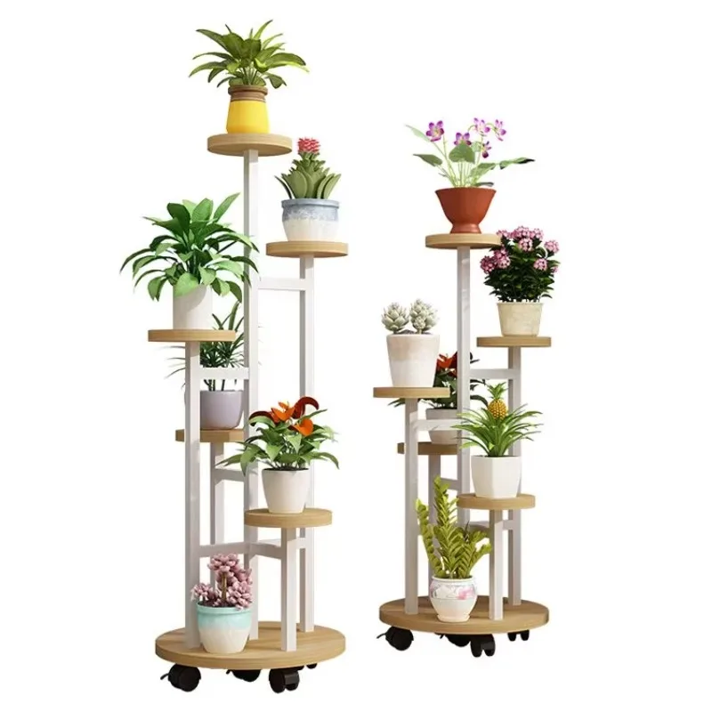 木製フラワーシェルフ収納ラック木製フラワー-スタンド植物ディスプレイスタンドバルコニーグリーンフラワーポットシェルフキャスター付きプラントラック