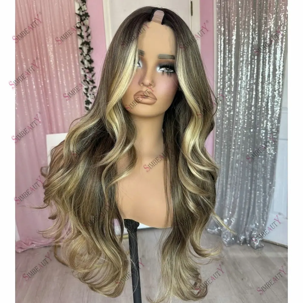 Braunblondes Highlight, klebefreie 1x4-Größe, U-Part-Perücke aus Echthaar, leicht gewellt, vollständig maschinell gefertigt, V-Part-Perücke für Damen, 200 Dichte – Detail 4