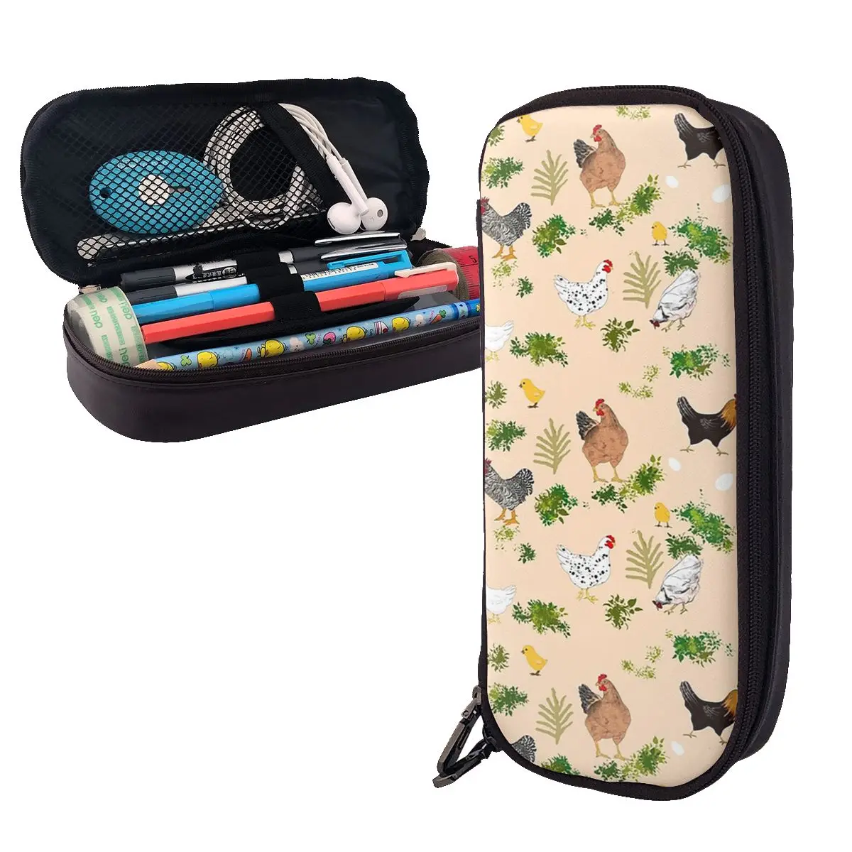 Chicken hen chicks Pattern Leather Pencil Case Pencil Pouch Storage Stationery Supplies Large Storage Pen Box Pencil Bag for Kid