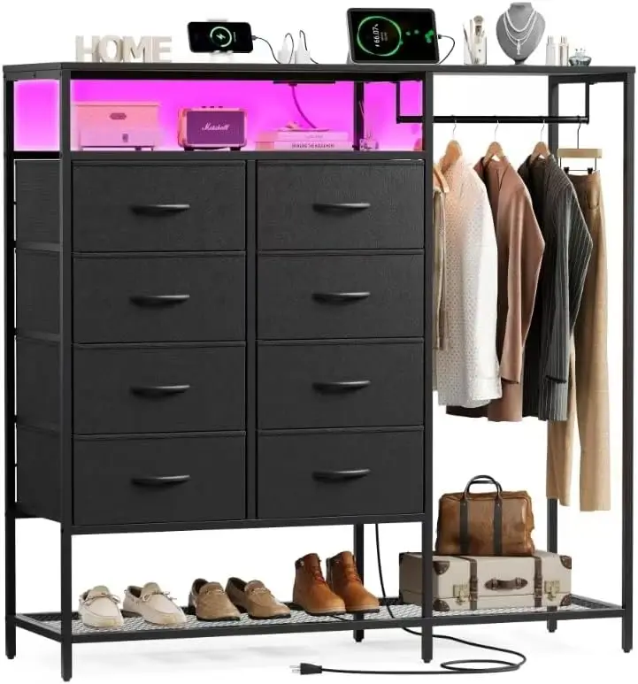 Dresser for Bedroom with 8 Drawers, Bedroom Dresser with Hanging Rack, Clothes Dresser with Led Lights, Closet Dresser with Char