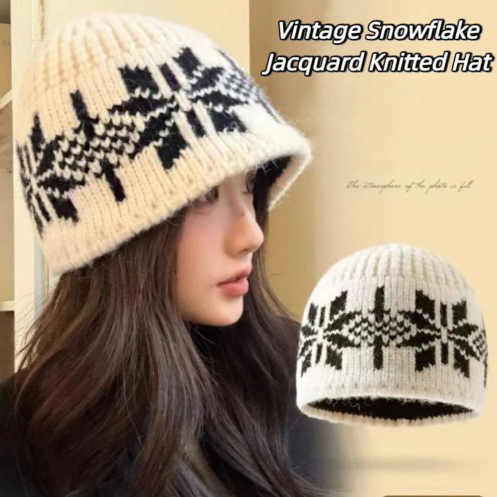

Retro Warm Jacquard Knitted Hat Printed Vintage Snowflake Beanies Cute Korean Printing Knit Cap Winter