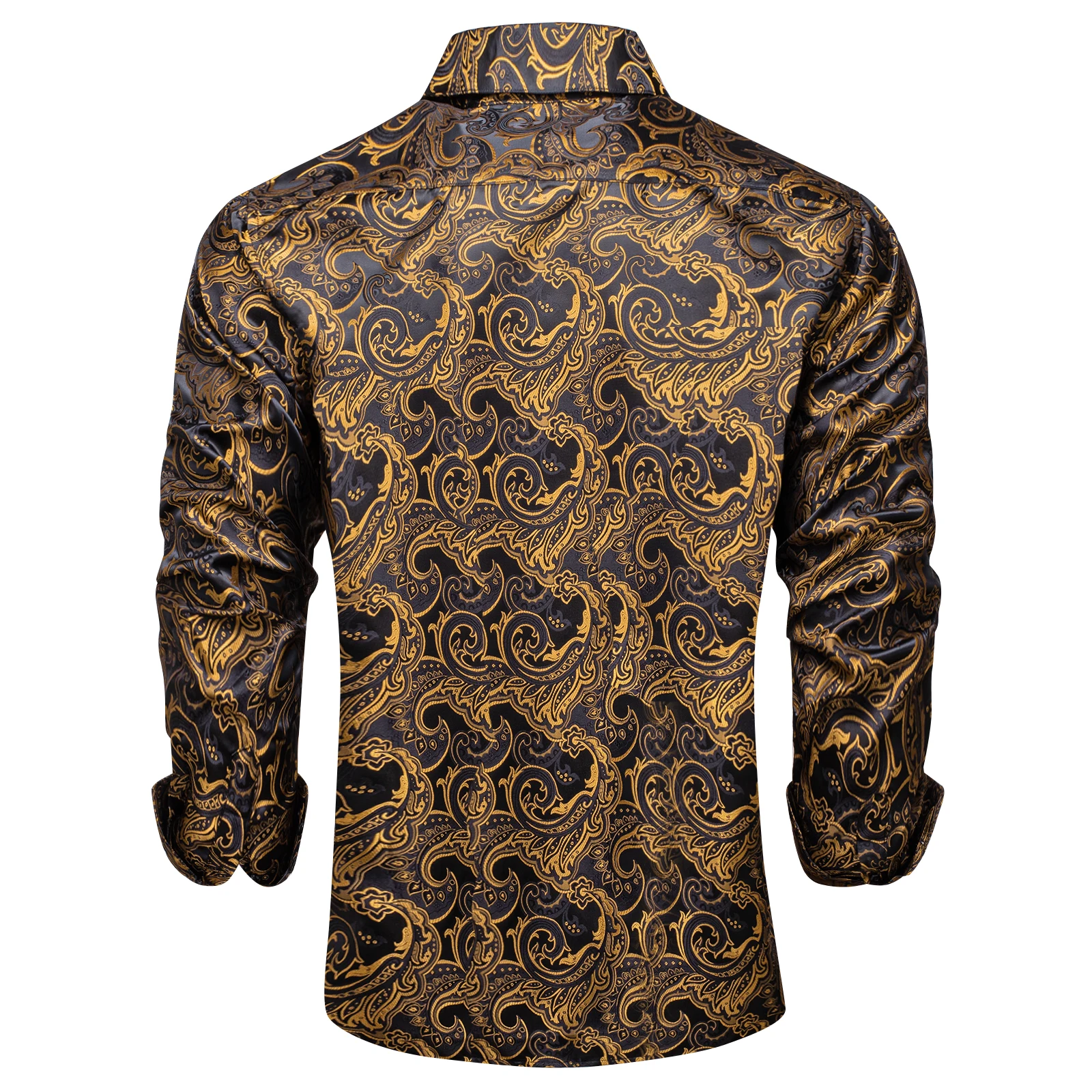 Luxury Men Dress Shirt Formal Prom Tuxedo Long Sleeve Silk Polyester Golden Color Paisley Black Shirts Blouse Men Clothing