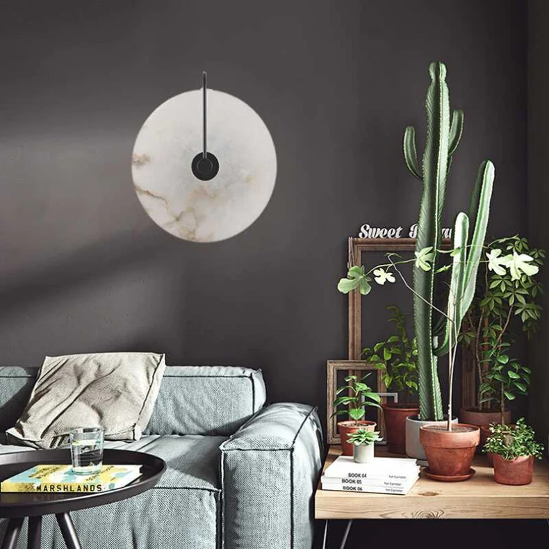 Natural Marble LED Wall Lamp Round Shape Gold Metal Free