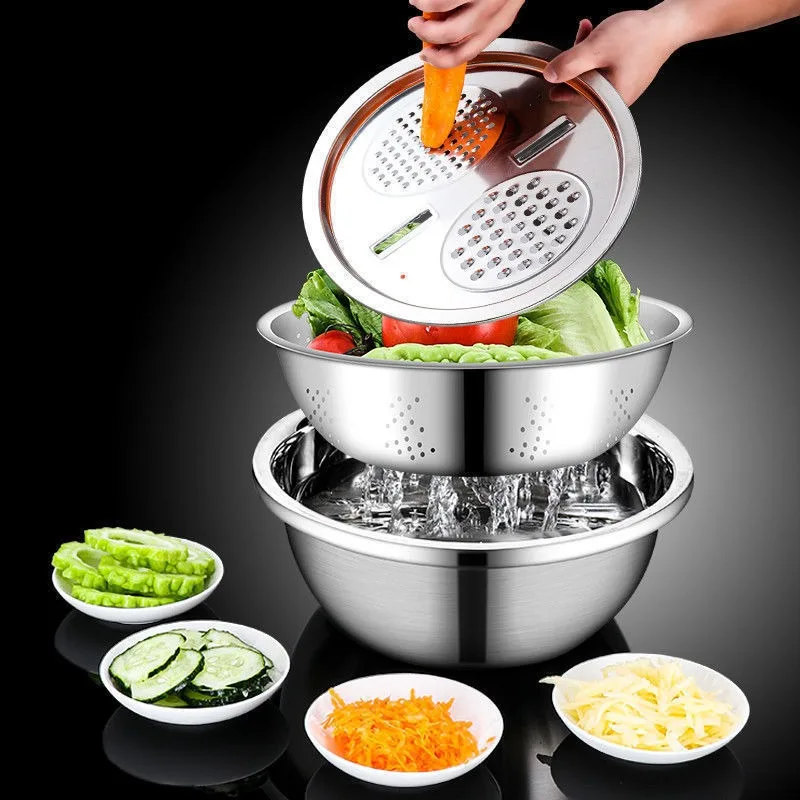 3-in-1 Stainless Steel Colander Set with Grater Lid, Multi-function Mixing Bowl, Vegetable Slicer & Drain Basket for Kitchen