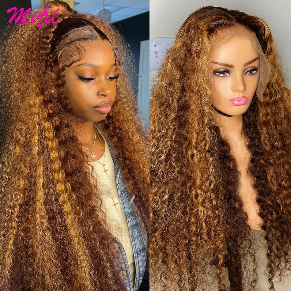 HD 13x6 Highlight Wig Human Hair Deep Curly Lace Front Wig Honey Brown Colored Water Wave Glueless Lace Frontal Human Hair Wigs