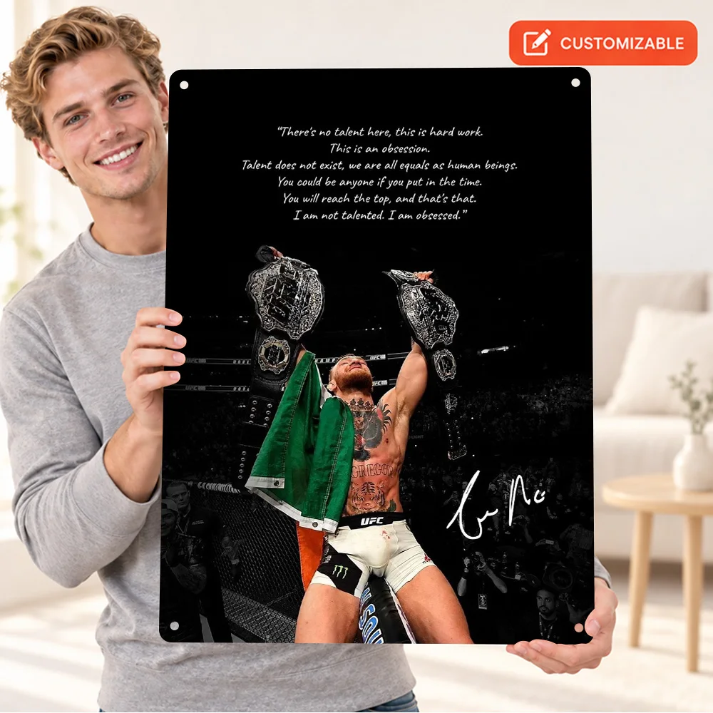 Conor McGregor Raised Arms Printed Poster Customized Aluminum Metal Sign Irish Flag Championship Belts Wall Art For Home Gym
