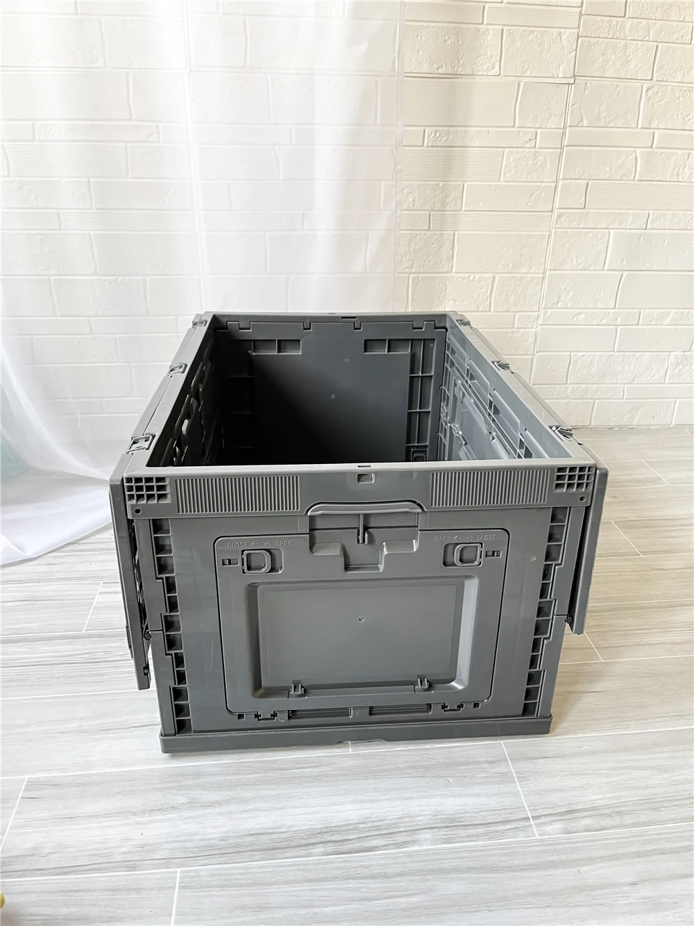Cheap Price Dark Grey Color In Stock 80L Camping Home Storage Plastic Folding Storage Box Bin With Front Open
