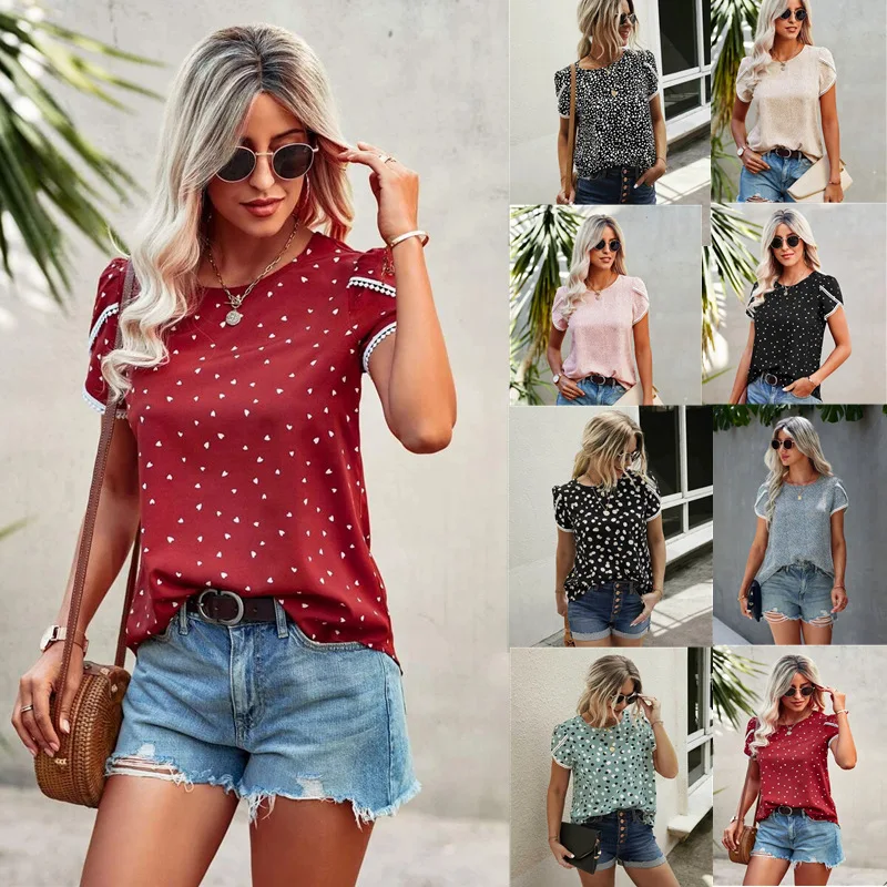 

Casual Summer Women's T-irt Floral Print ort Sve round Ne Straight Cut Top Lace irt Snowflake Design ort Length