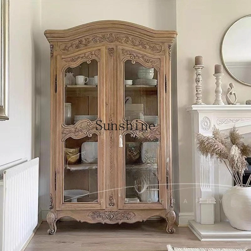 

American country retro old solid wood carving flower double door glass cabinet