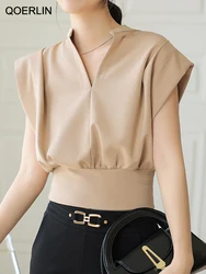 QOERLIN French Solid Premium V-Neck Sleeveless Design Cropped Tops Fashion 2025 Summer New Slim Waist T-shirt Women Black Shirt