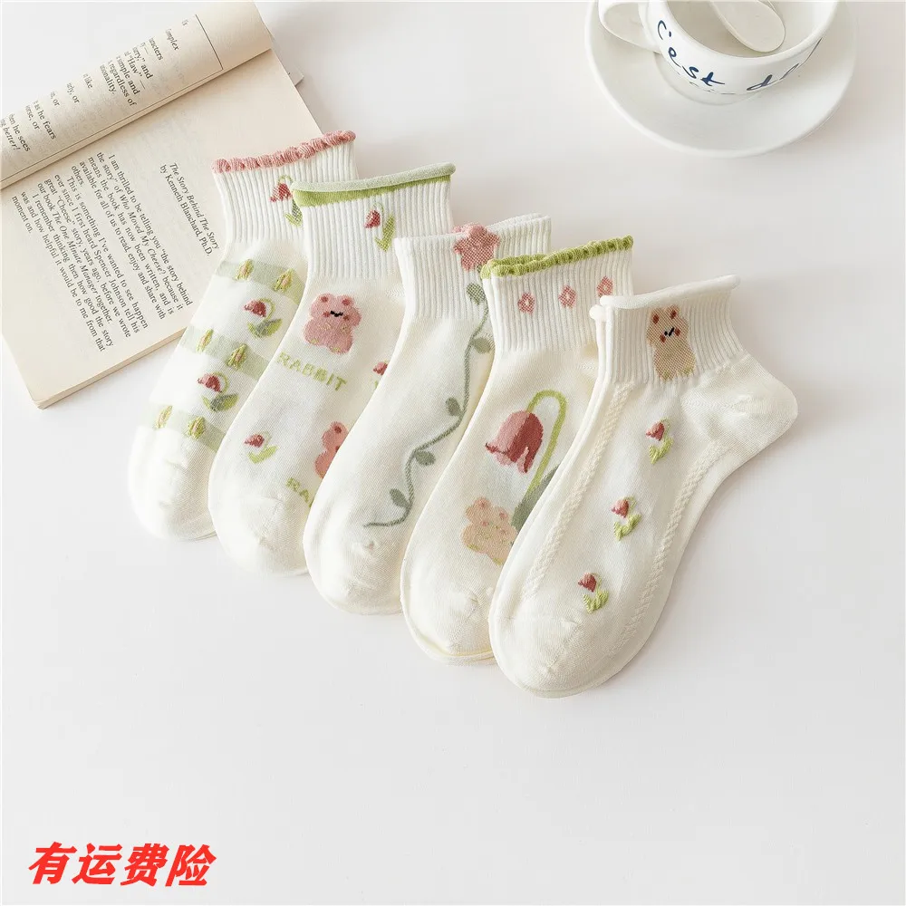 Socks women's summer thin ins tide socks tulip flowers pure-cotton low-cut short tube thin new products