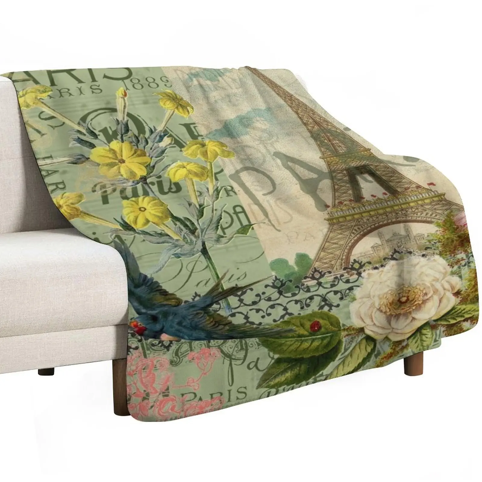 Paris France Travel Graphic Art Collage Throw Blanket Beautifuls Hairys Flannels Beach Cute Plaid Blankets