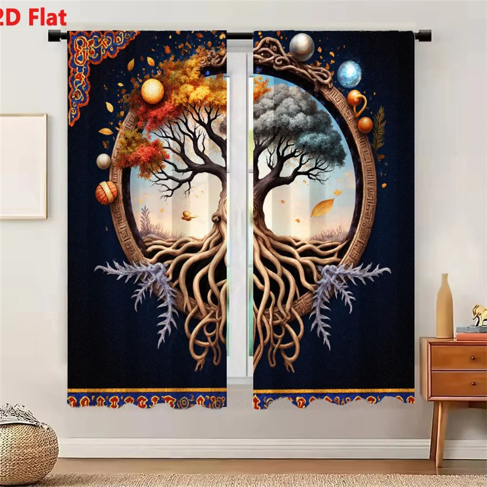 2Pcs Curtains 2D Flat Fantasy Tree Of Life In Ornate Circular Frame With Autumnal Red Orange Grayish Blue Foliage Celestial Elem