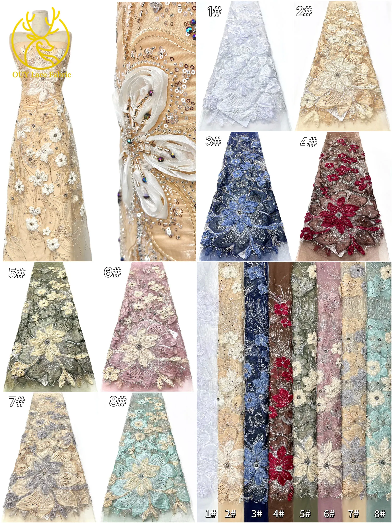 3D-Blumen-Tüll, afrikanischer Spitzenstoff, eleganter französischer nigerianischer Perlen-Pailletten-Mesh-Spitzenstoff für Damen, Hochzeitskleid-Design-Stoff – Detail 3