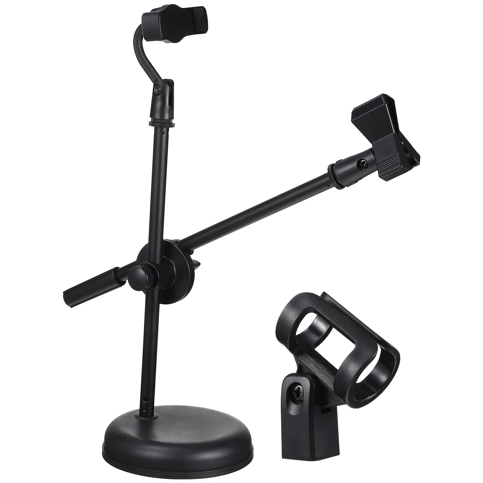 1Set Multifunctional Adjustable Tabletop Mic Stand with Thickened Base Rotatable Mic Holder and Phone Mount for Recording