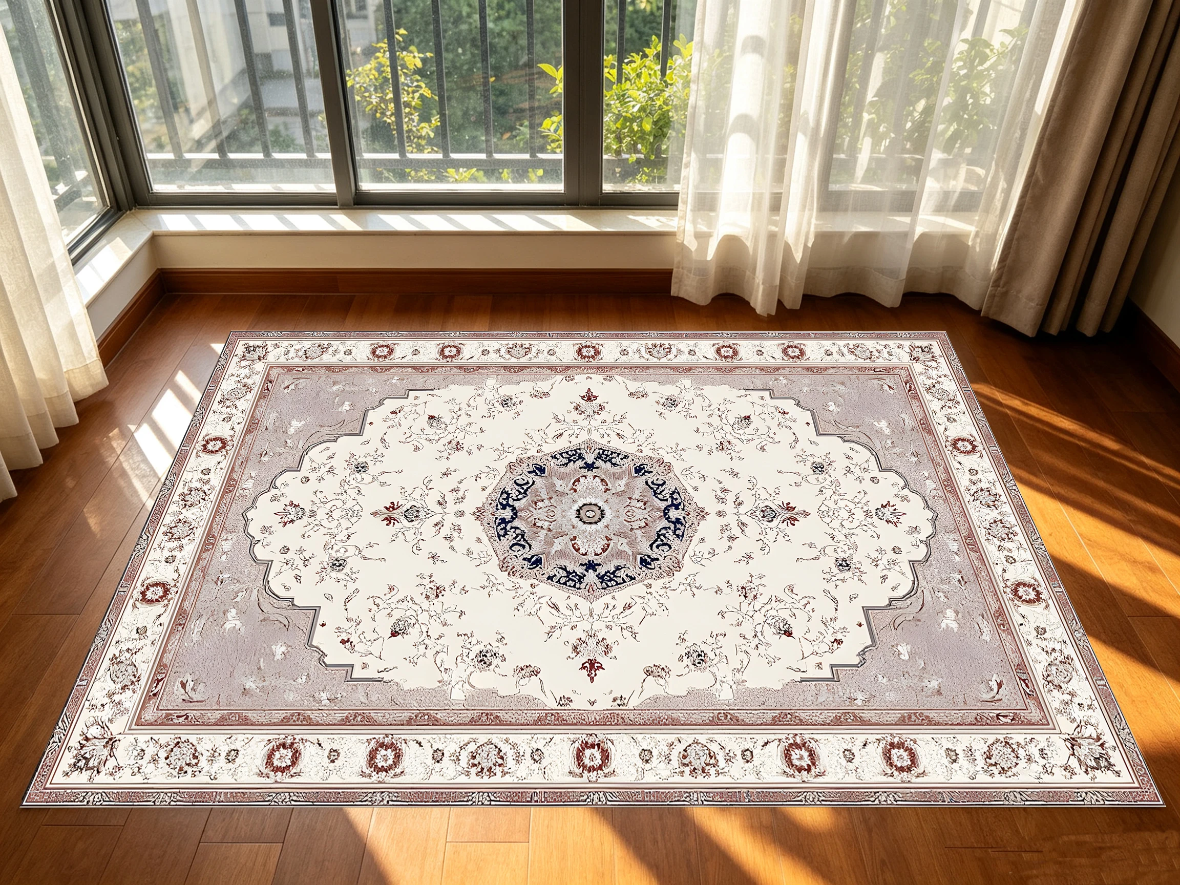2D Large Rug in Beige-Pink Tones with European Retro Pattern, Soft & Skin-Friendly, for Living Rooms & Bedrooms, Enhancing the Ambiance
