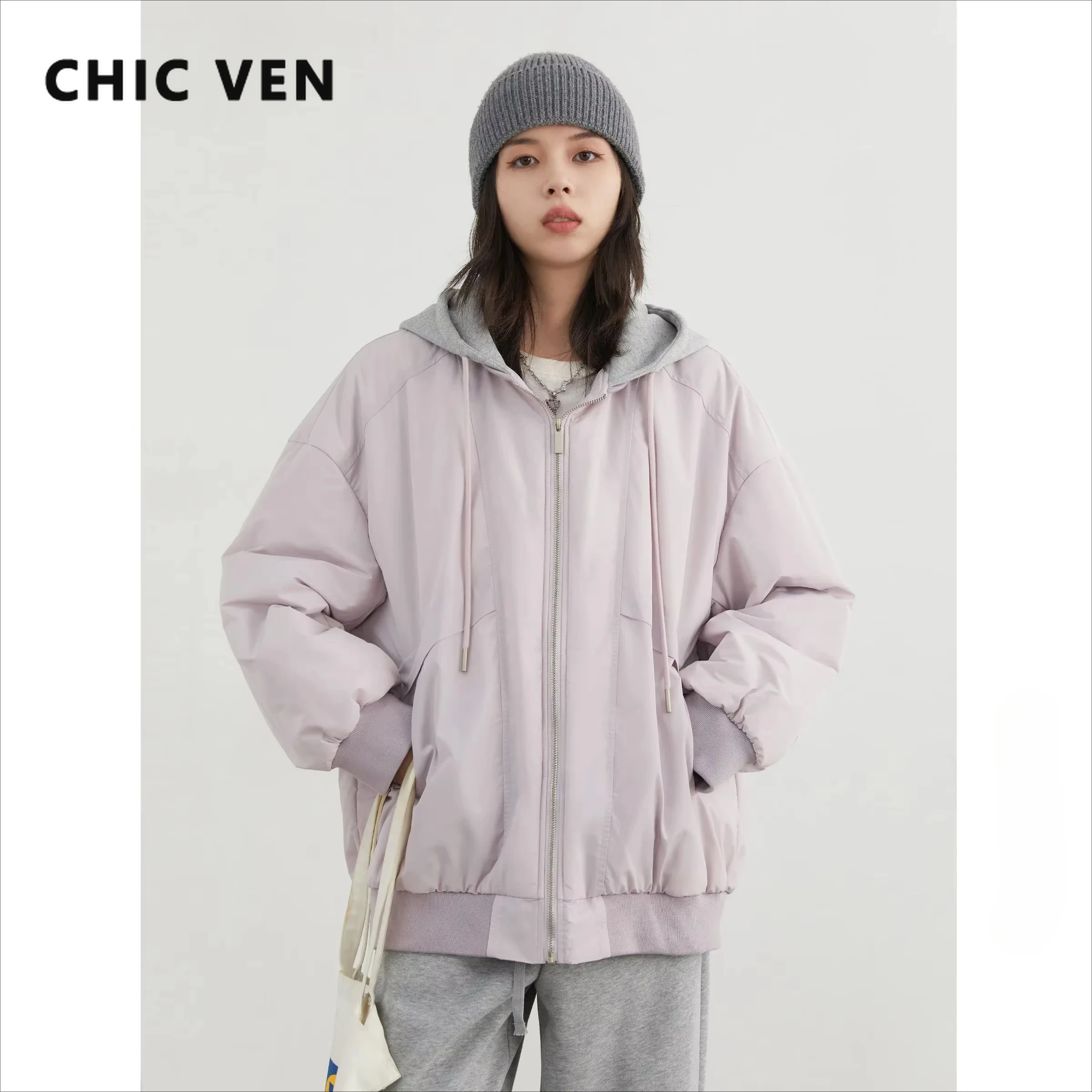 

CHIC VEN Women Jacket Solid Hooded Loose Casual Woman Coat BF Style Thick Female Baseball Jackets Autumn Winter New 2024