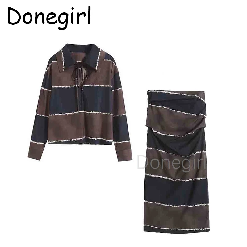 Doneirl donna 2024 estate moda vacanza al mare stampata camicia a maniche lunghe camicetta Chic risvolto Versatile Top gonna Midi vestito Mujer